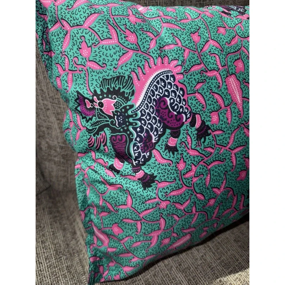 Winged Beasts Design And  Pink And Teal Batik  Square Handmade Pillow 20” X 20”